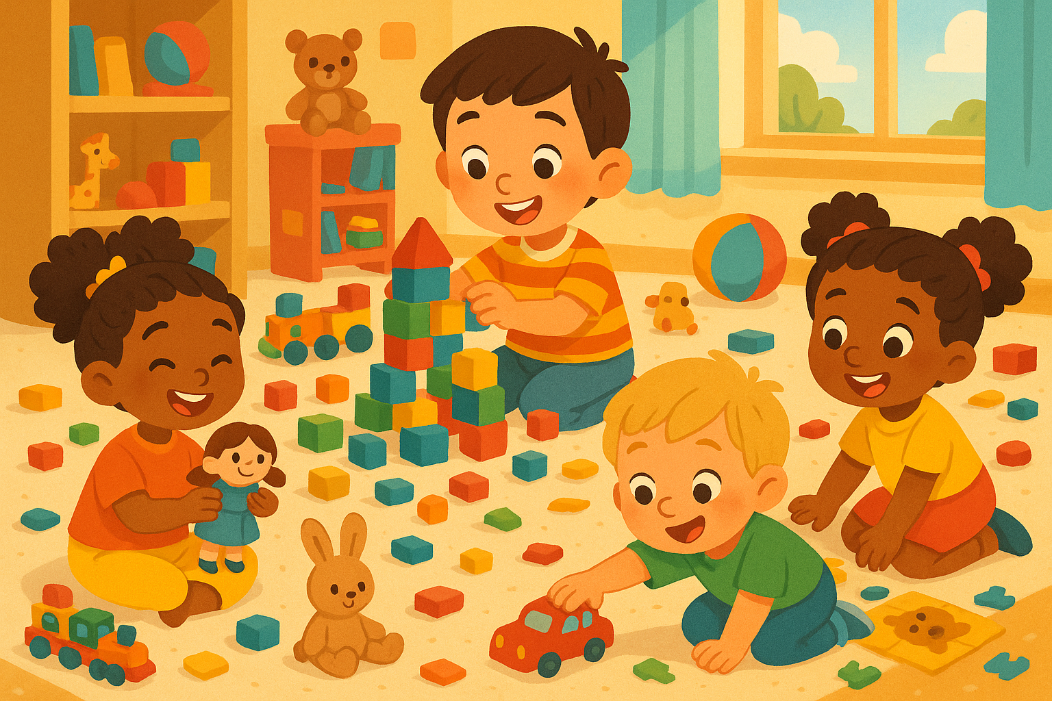 ilustración de niños jugando con juguetes